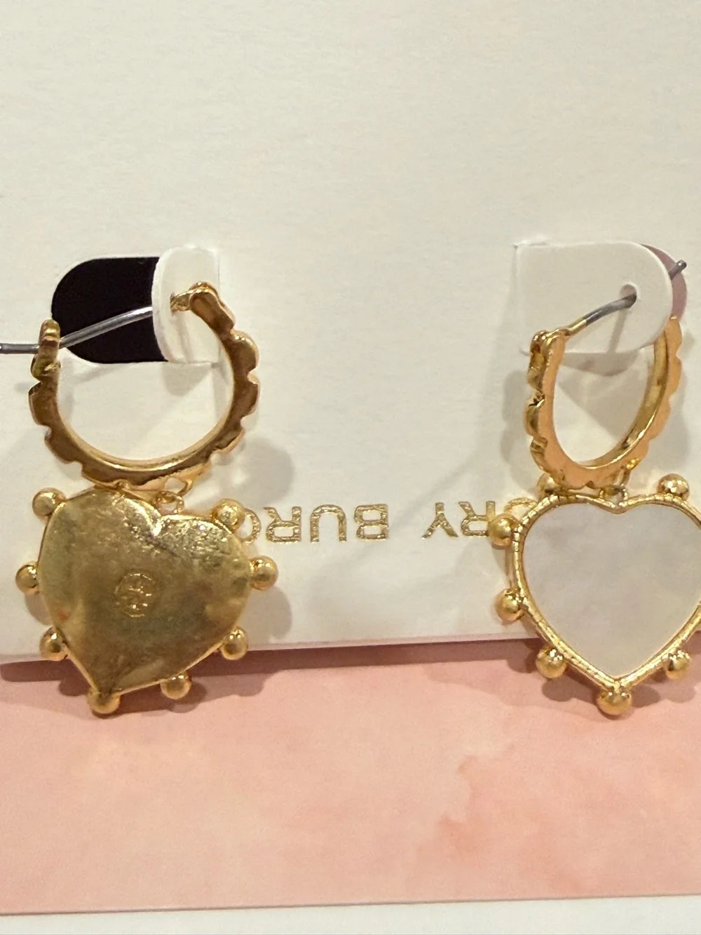 Tory Burch | Gold Plated & Mother of Pearl Heart Drop Earrings | Small/Medium